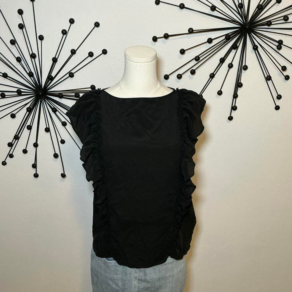 Frye 100% Silk Black Ruffle Sleeve Blouse Top Size Small